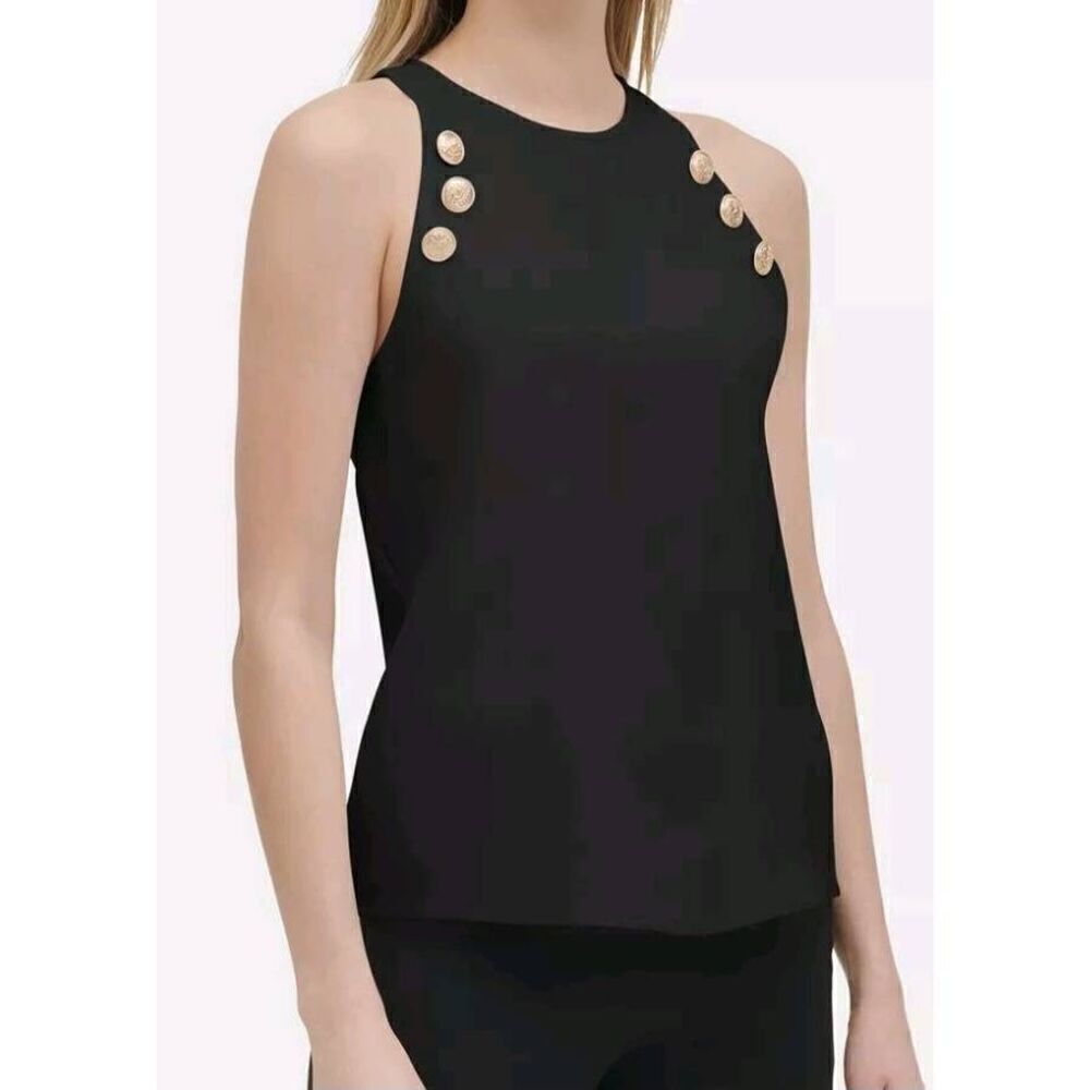 Calvin Klein Women's Black Sleeveless Tank Top Crew Neck Nautical Buttons Sz M